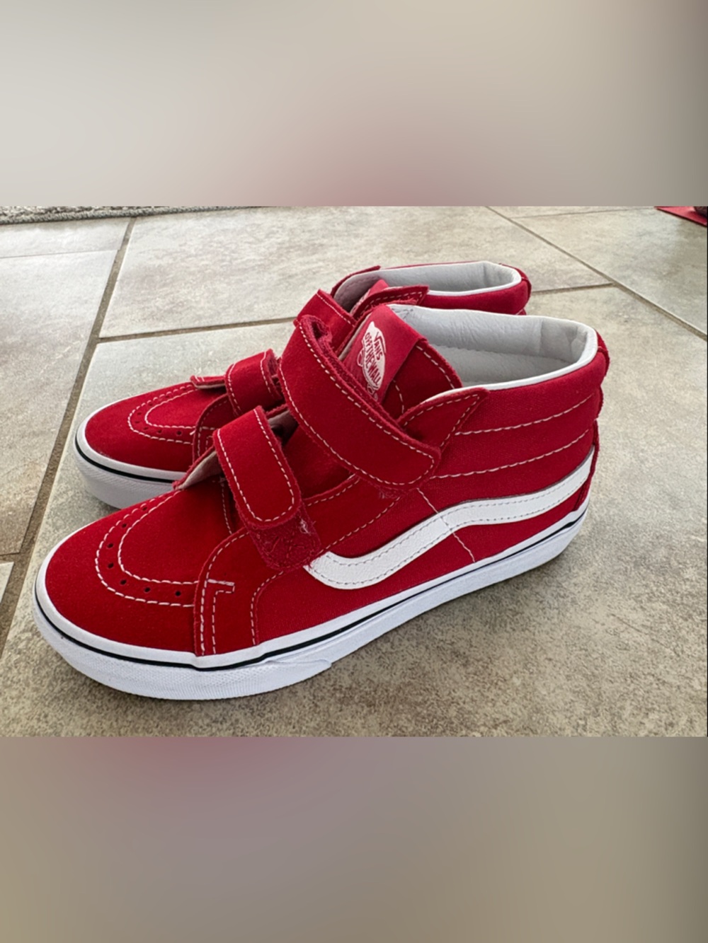 Vans Kids Red Velcro Sk8-Hi with White Side Stripe